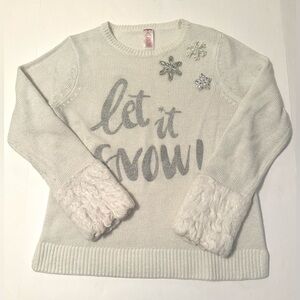 Holiday Time "Let It Snow" Shimmer Cream Metallic Sweater size 8/10 Snowflake
